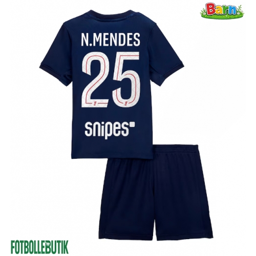 Paris Saint-Germain Nuno Mendes #25 Hemmaställ Barn 2025-26 Kortärmad (+ Korta byxor)